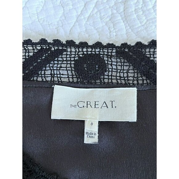 The Great Womens Sz 0 Black Silk Crochet Detailed Semi Sheer Popover Top Blouse - Picture 4 of 9